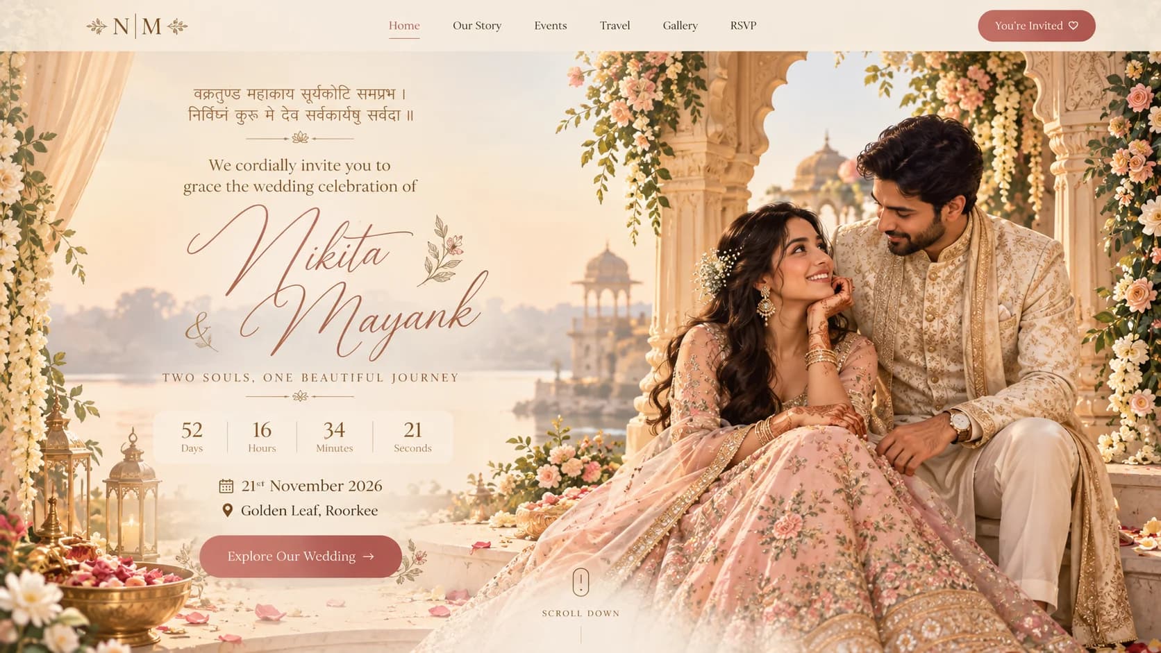 Home page of a Utsavv.ai wedding website for Nikita and Mayank, with a countdown, date, venue and a photo of the couple