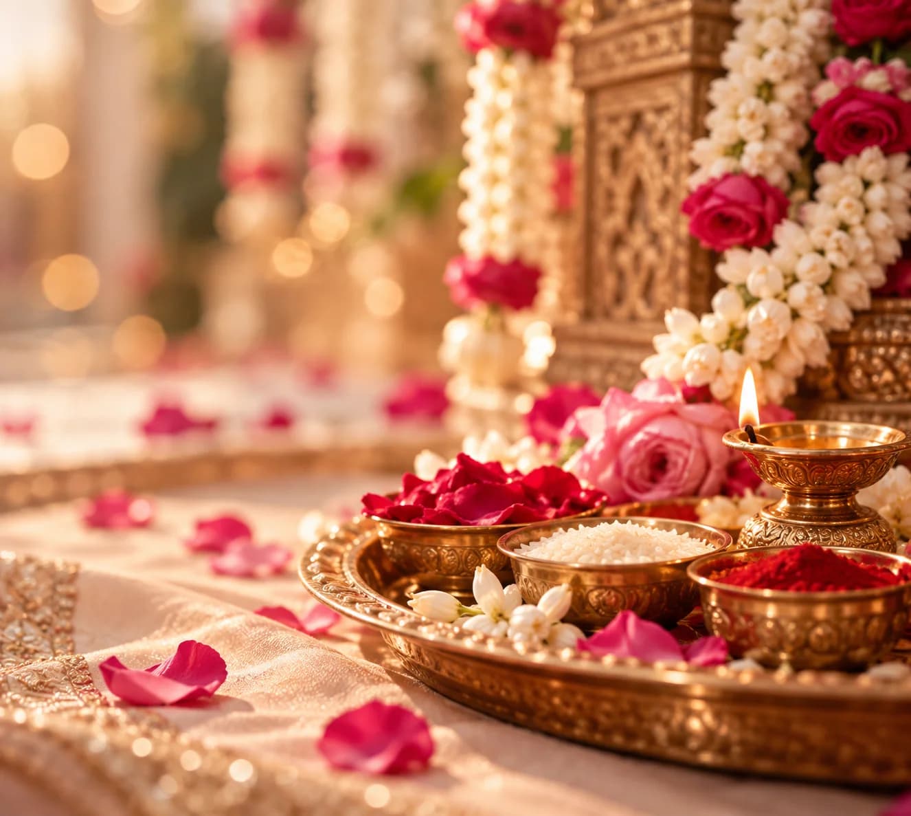A brass puja thali with rose petals, rice, kumkum and a lit diya at an Indian wedding