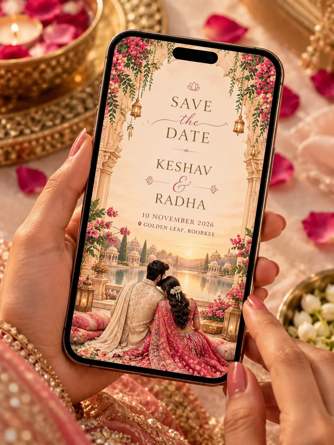 A save the date wedding invitation by Utsavv.ai shown on a phone, held by a bride in a pink lehenga